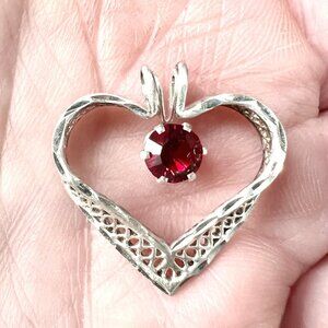 Vintage Silver Heart Pendant Intricate Filigree & Red Gemstone Centerpiece